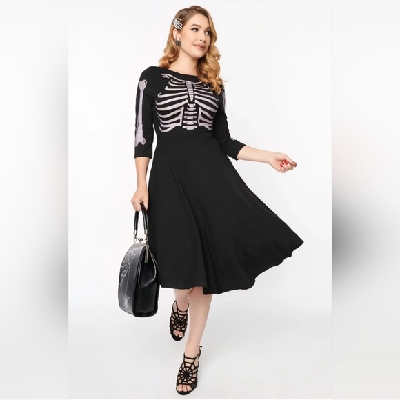 Unique Vintage Womens Black Skeleton Halloween Dress Plus size 2X - Picture 2 of 10